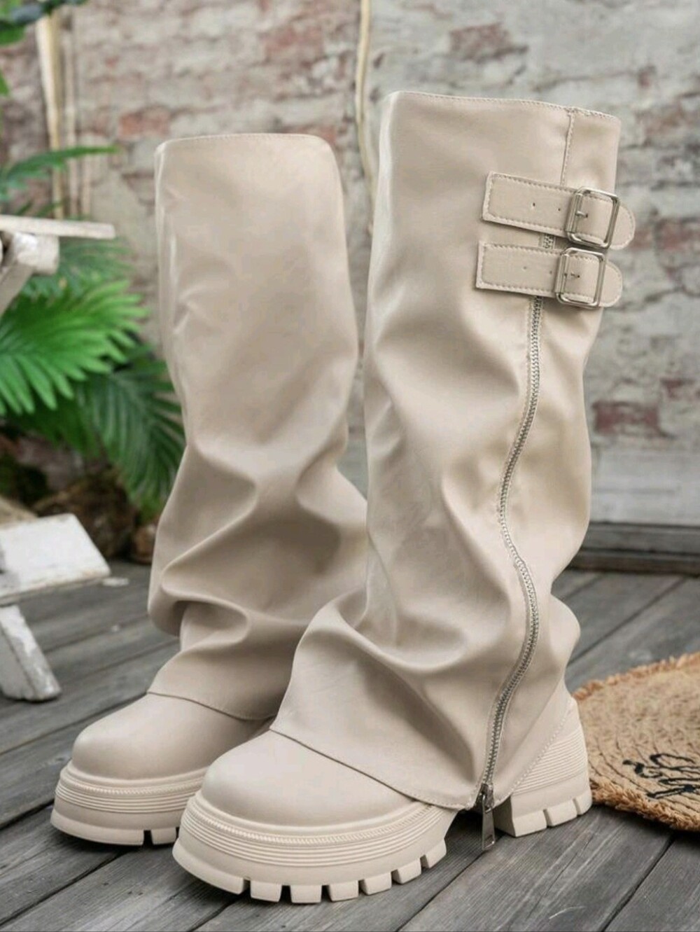 Women's Round Toe Chunky Boots, All-Season Pleated Cuff Pants, Side Zipper